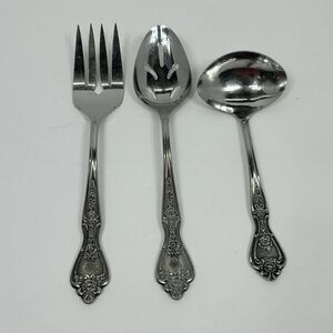 Normandy Rose Floral Stainless Japan 3 Serving Set Fork Slotted Spoon Gravy